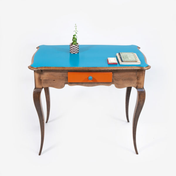 Bureau bleu tiroir orange classique bohème recyclé