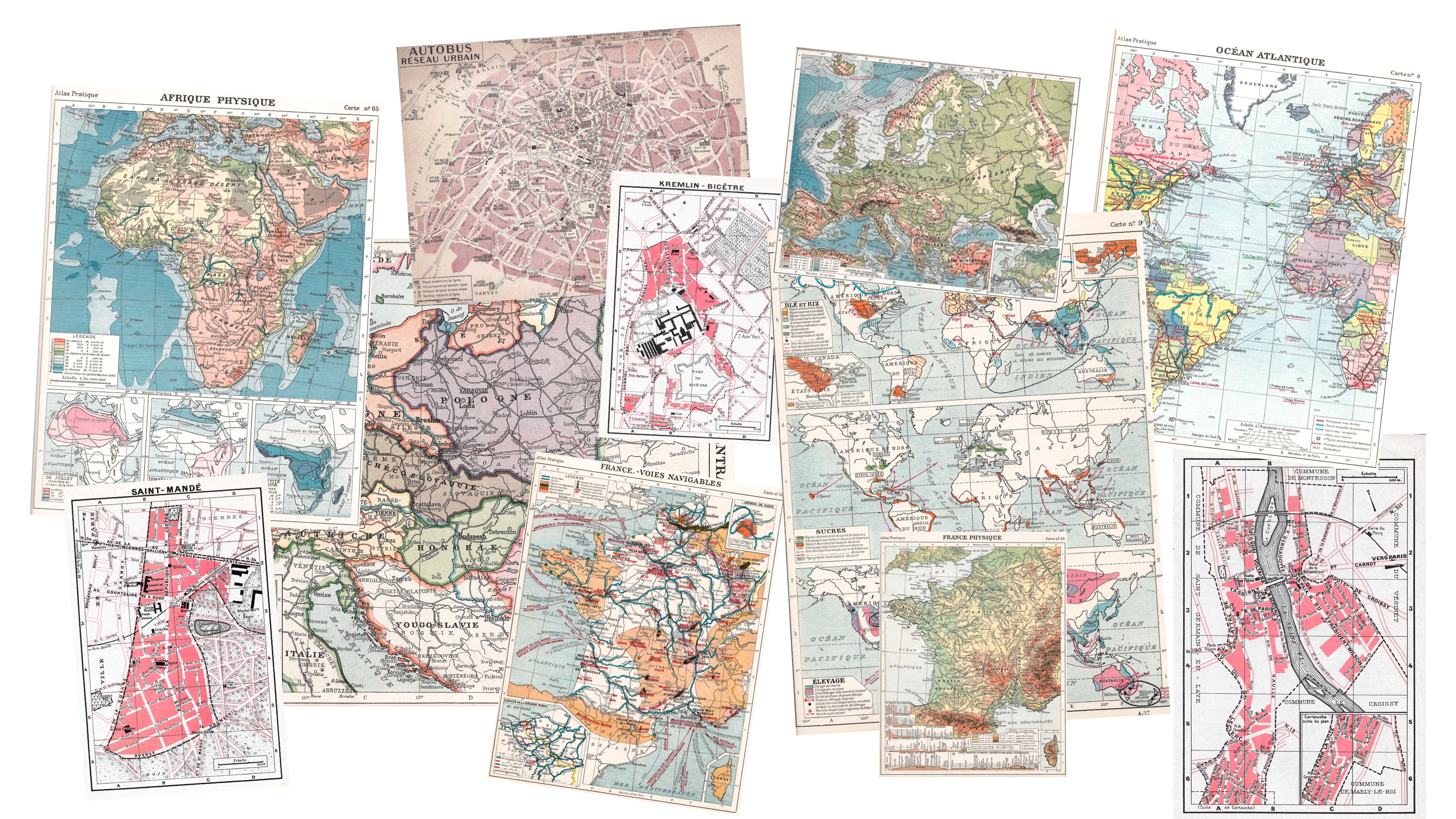Cartes géographiques et plans anciens vintages pour encadrer