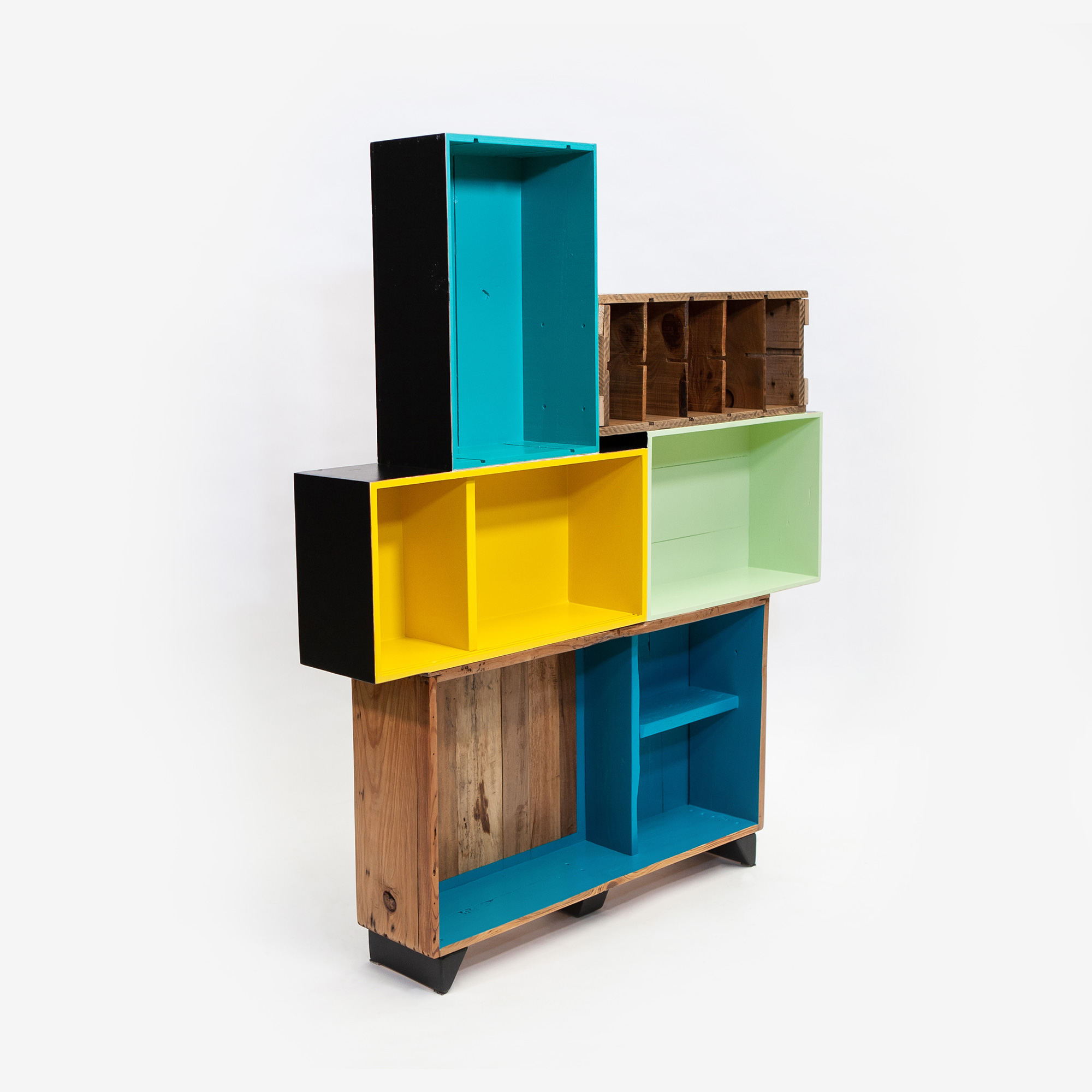 Étagère caisses jaune bleue verte bois recyclé Étagère caisses jaune bleue verte bois recyclé