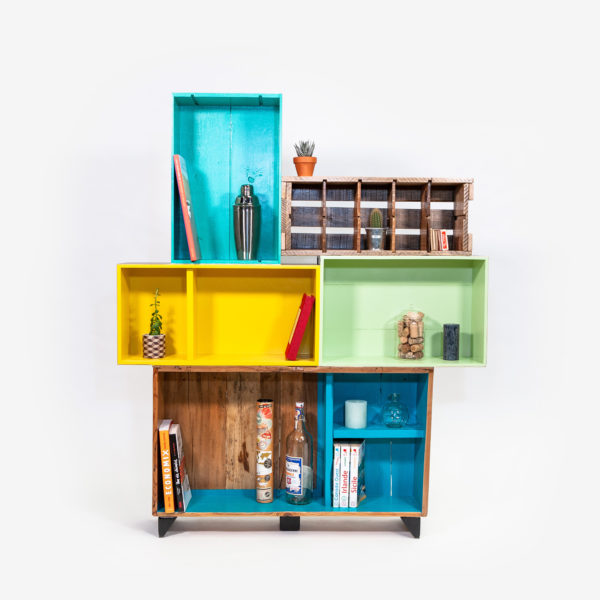 Étagère bibliothèque design unique colorée bois recyclé