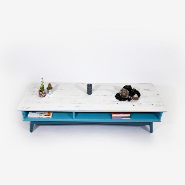 Table basse rangement intégré bleue grise bois recyclé