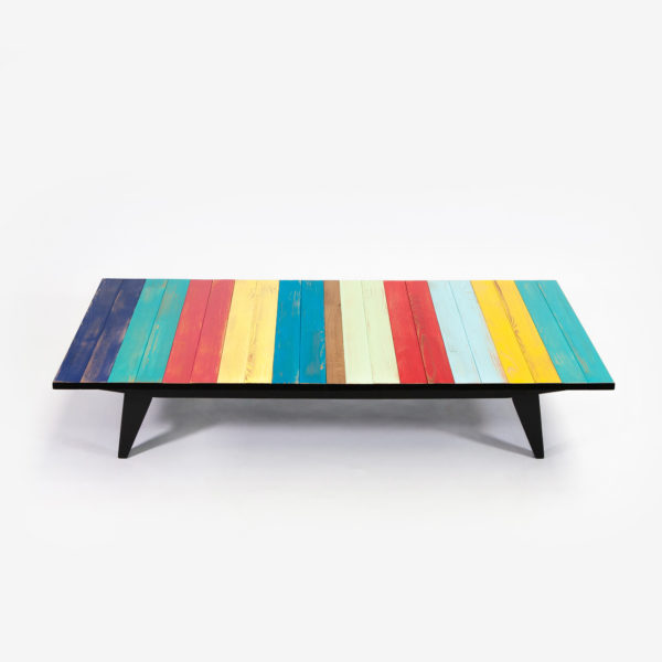 Table basse bois multicolore pieds compas écoresponsable