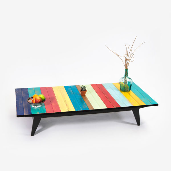 Table basse design rustique bohème colorée pieds compas recyclée