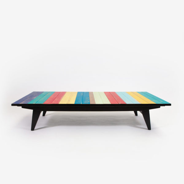 Table basse design rustique bohème colorée pieds compas écoresponsable