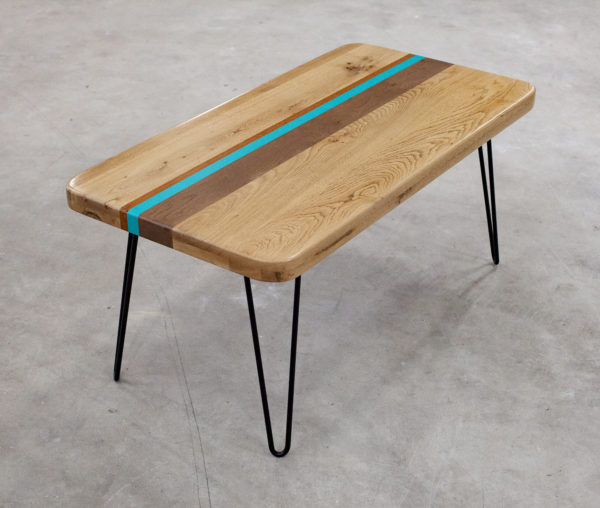 Table basse chêne massif design bandes colorées