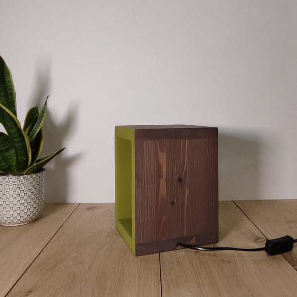 Lampe rectangulaire déco bois massif et vert olive